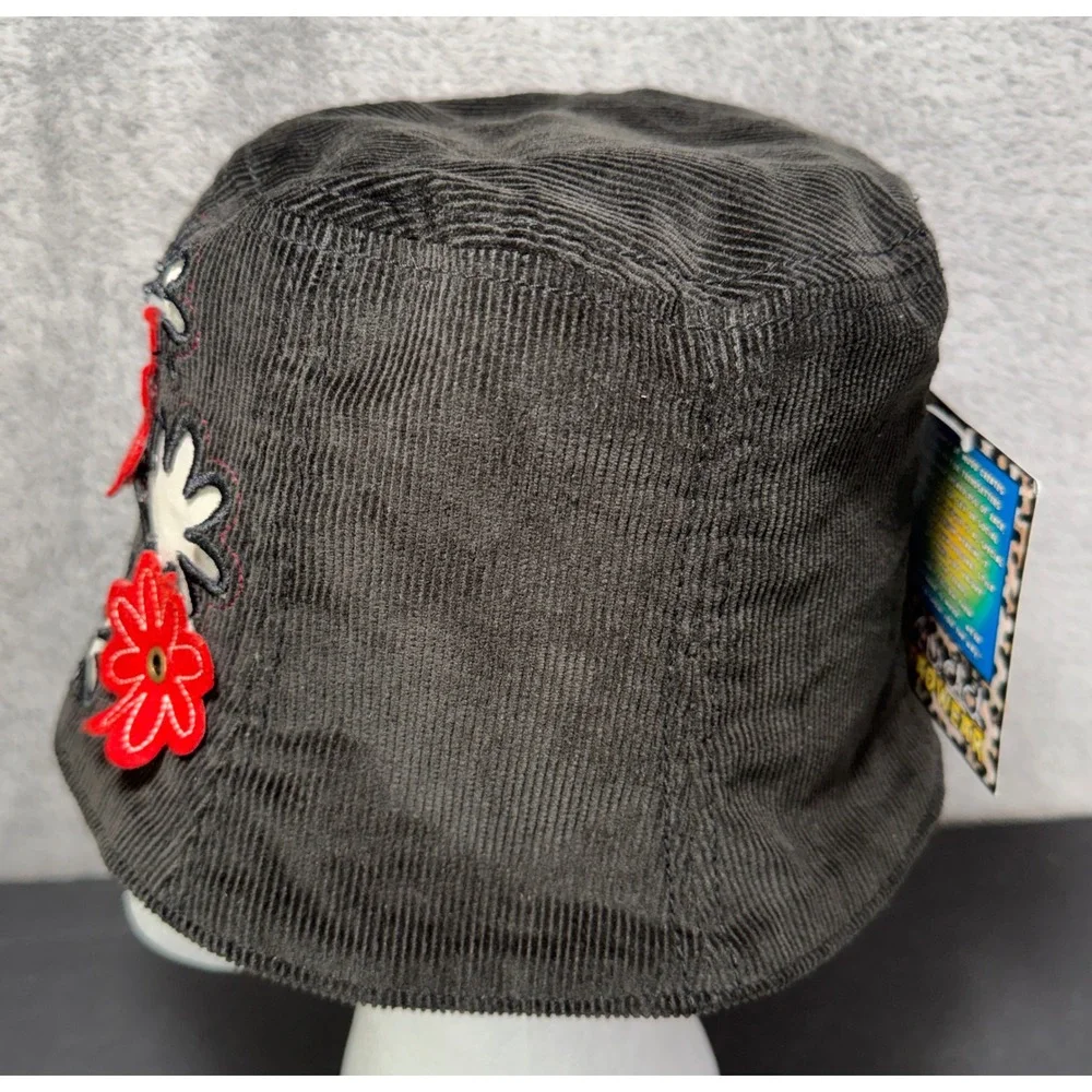Mudd Bucket Hat Girls OS Black Corduroy Floral Applique Y2K Vintage NWT